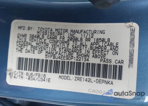 2013 Toyota Corolla Le из США, поврежденный, VIN 5YFBU4EE9DP122134